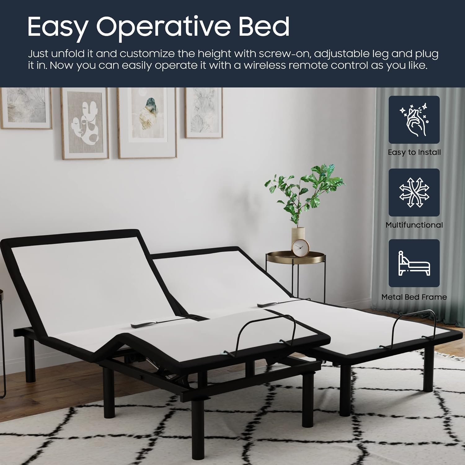 Greaton 15-inch Adjustable Bed Base With Head and Foot Incline | Wired Remote, Patented Screw-In 6 Legs, Simple Assembly Requiring No Special Tools, Quiet Motors, Split California King, White