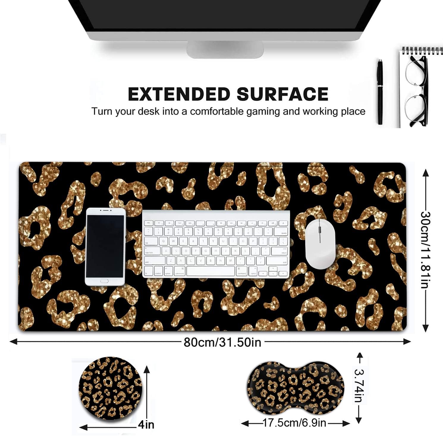 Large Gaming Mouse Pad, 31.5x11.8 in Extended Computer Mouse Mat with Non-Slip PU Base, Ergonomic Memory Foam Keyboard Wrist Rest,for Work Gaming, Rose Gold Glitter Psalm 465 Black Office Desk Pad