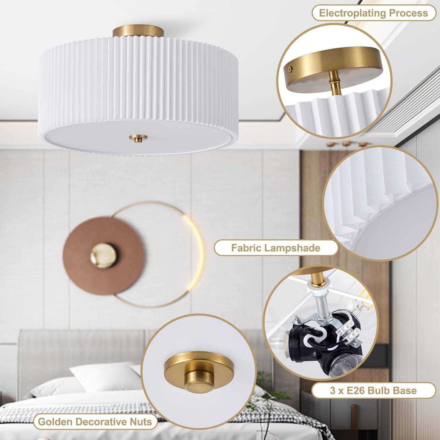 Semi Flush Mount Ceiling Light,17.7"Modern Close to Ceiling Light Fixture With White Fabric Shade, Light Fixtures Ceiling Mount Bedroom Ceiling Light for Bedroom Foyer Kitchen Living Room(Gold)