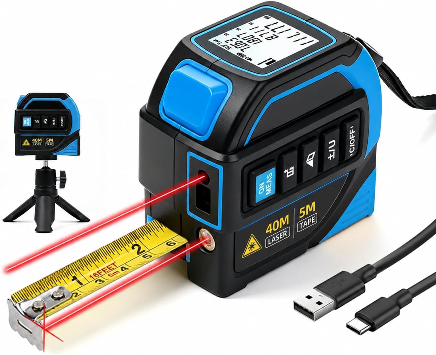 Laser Entfernungsmesser 40 m, 4 in 1 Laser Maßband mit 5 m Maßband, 40 m Laser, 16 m Laser-Fadenkreuzmarkierung, Stativ für Flächen/Pythagoreische/Nivellierung