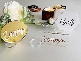 Acrylic Wedding Place Card Holders Clear Base Freestanding Personalized Geometric Laser Cut Plate Guest Names Escort Cards Custom Place Settings Hexagon Circle Rectangle Calligraphy Tags Table Signs