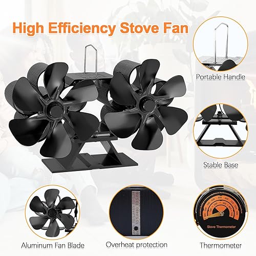 Miniatura 3 de Miaton Ventilador de estufa de leña, ventilador de estufa alimentado por calor, no eléctrico, ventilador de chimenea de doble motor, ventilador