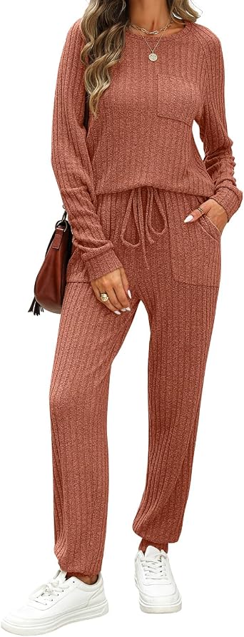 JUSTFASHIONNOW Womens Ribbed Lounge Sets 2 Piece Outfits Knit Sweater Sets