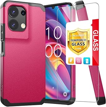 TJS Compatible with TCL K32 5G Case, TCL K33 5G Case, with Tempered Glass Screen Protector, Dual Layer Hybrid Magnetic Support Shockproof Heavy Duty Phone Case for TCL K32/K33 5G Pink
