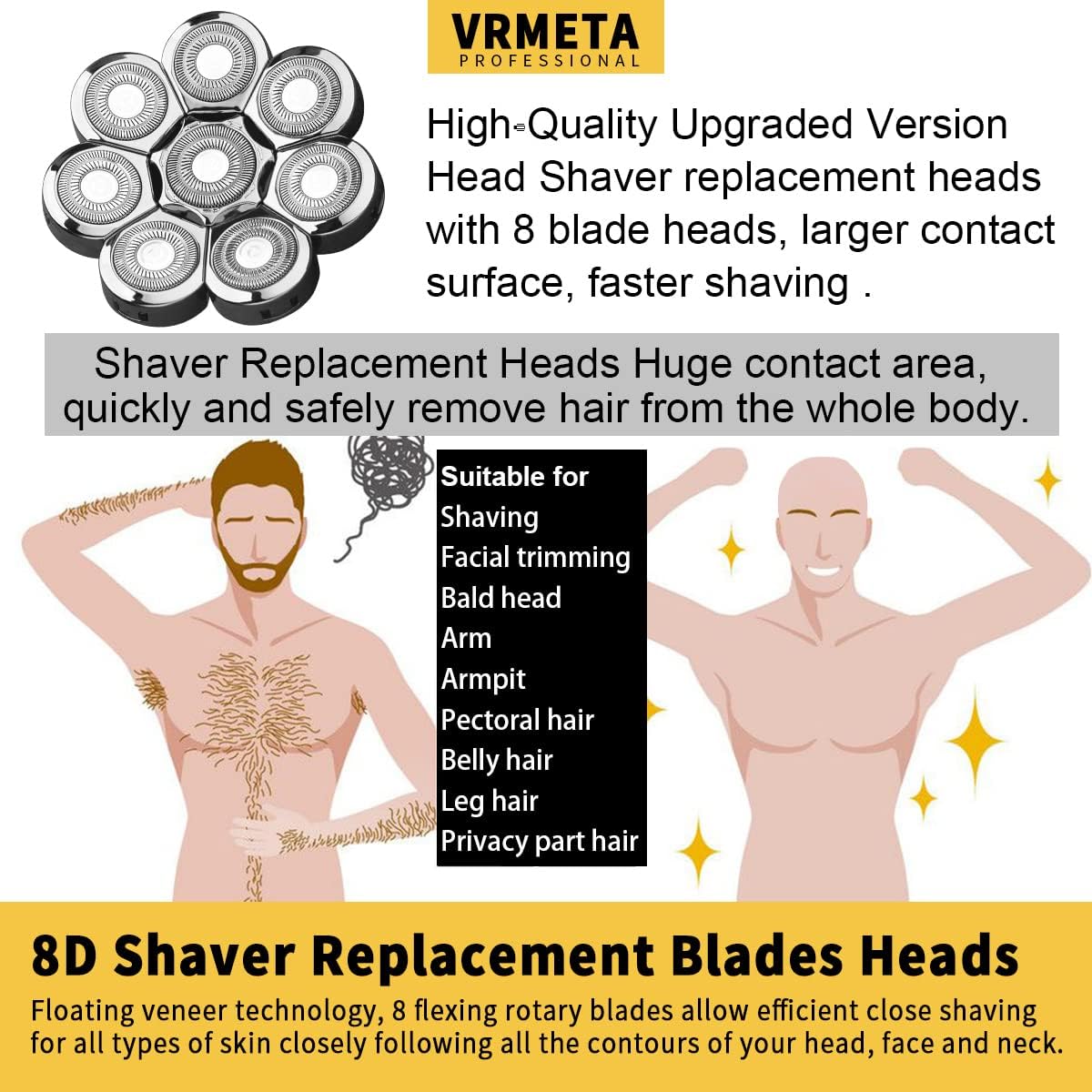 Head Shaver Replacement Head Floating Shaver Blades 8D Sharp Stainless Steel Men's Electric Shaver Replacement Heads fo blad Man (8 Heads (Silvery) - Image 2