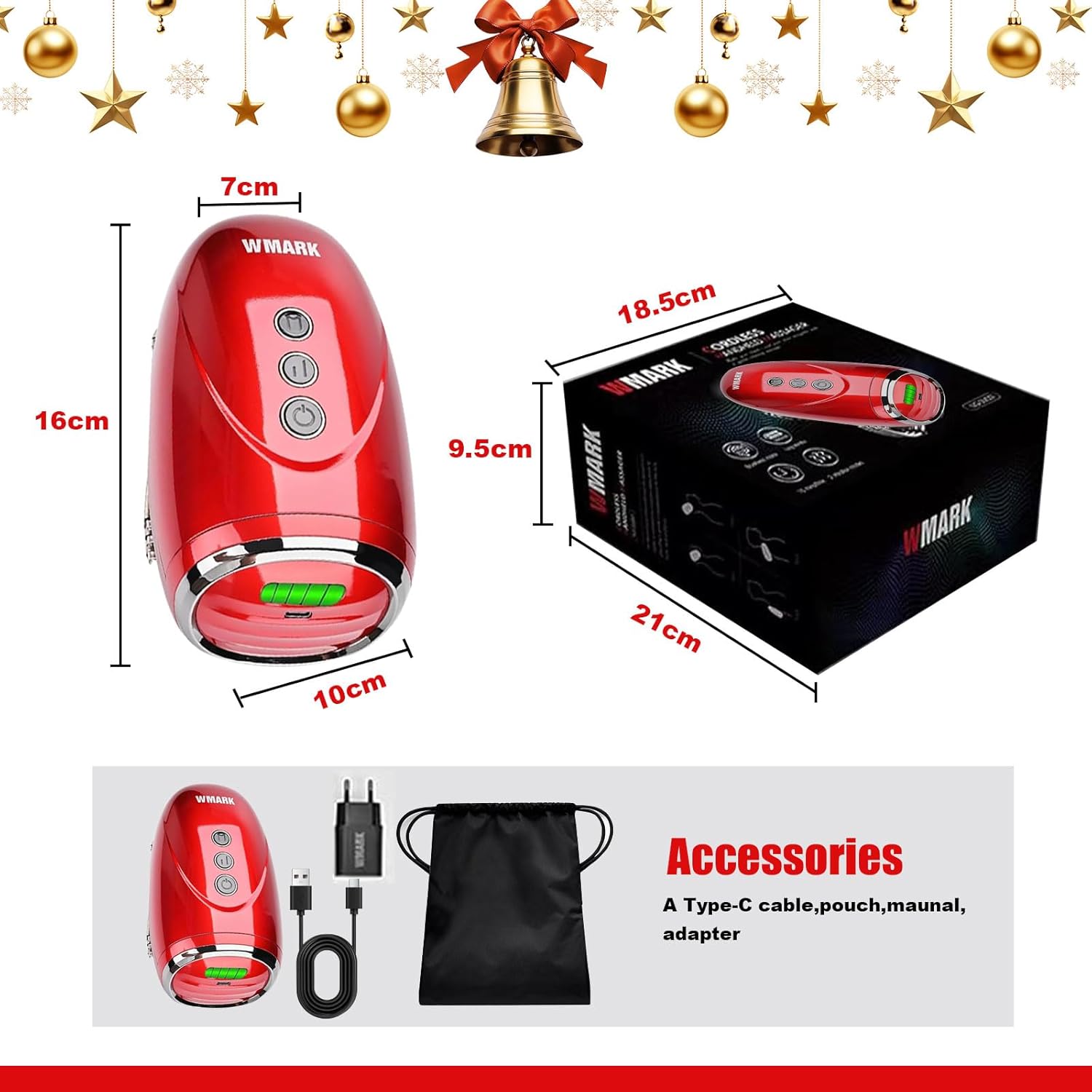 WMARK Barber Massager/Cordless HandheldMassager, Charge Neck/Legs/Hand/FaceMassager, 2 Massage Nodes 2600AMH,Red - Image 5