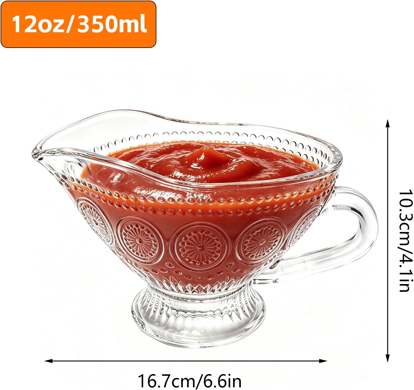 12 oz Glass Gravy Boat,Crystal Serving Dish with Easy-Pour Spout and Handle,Vintage Embossed Dressing Container for Sauces,Salad,Dressing,Syrup