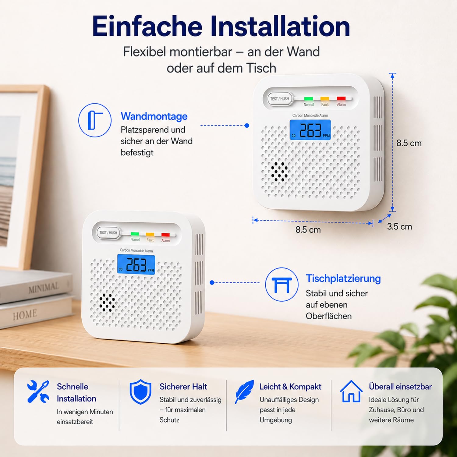 WLAN Kohlenmonoxidmelder mit App, CO Melder ohne Hub, Echtzeit-Benachrichtigung aufs Handy, 10 Jahre Batterie, EN 50291 Geprüft, LCD Display, 85 dB Alarm, Kohlenmonoxid Warnmelder für Zuhause, 2 Stück