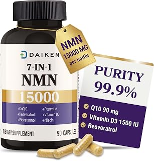 DAIKEN NMN Supplement 15000 Complex with CoQ10, D3 & Resveratrol, 90 Caps | 99.9% NMN 7-in-1 Formula NAD Supplement for Anti Aging, Energy & Vitality - Veggie Capsules, Third-Party Tested