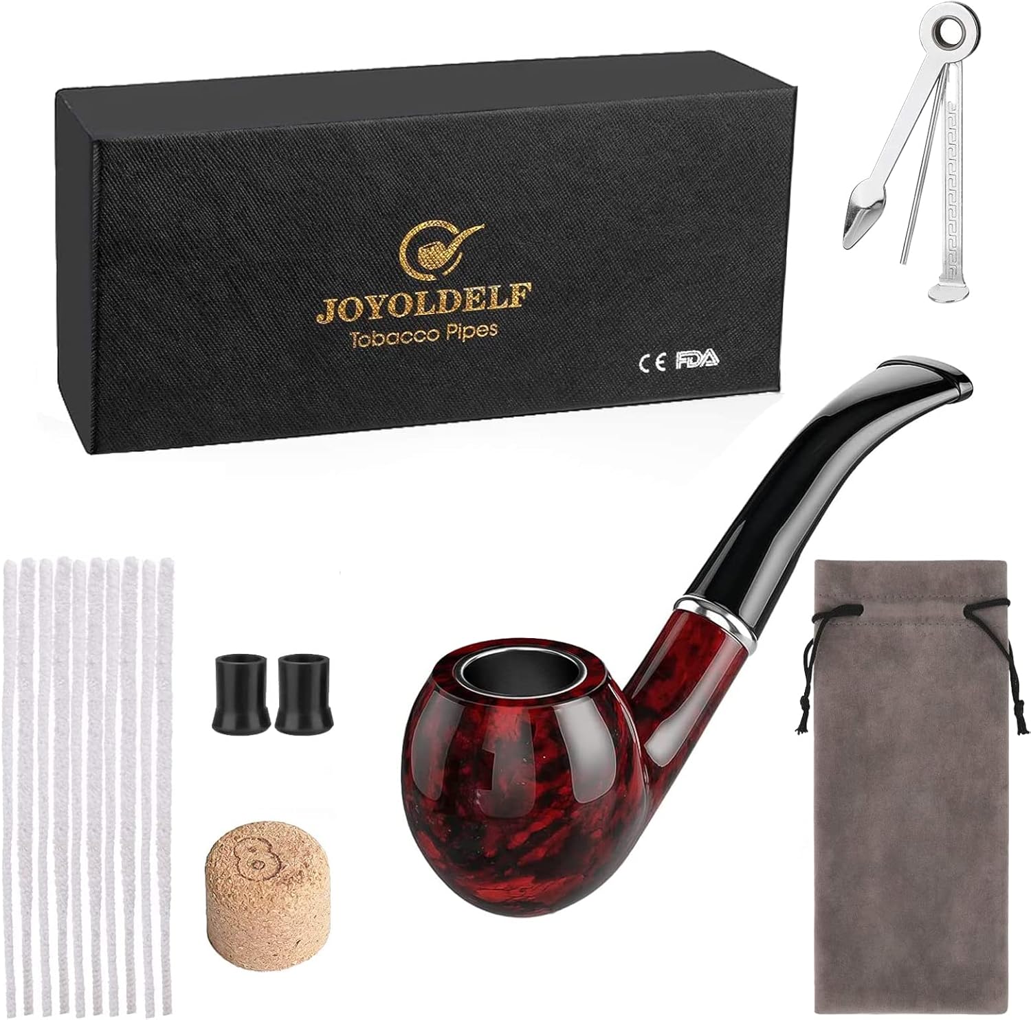 Joyoldelf Tobacco Pipe, Classic Smoking Pipe with Foldable Tobacco Pipe Stand, Bent Tobacco