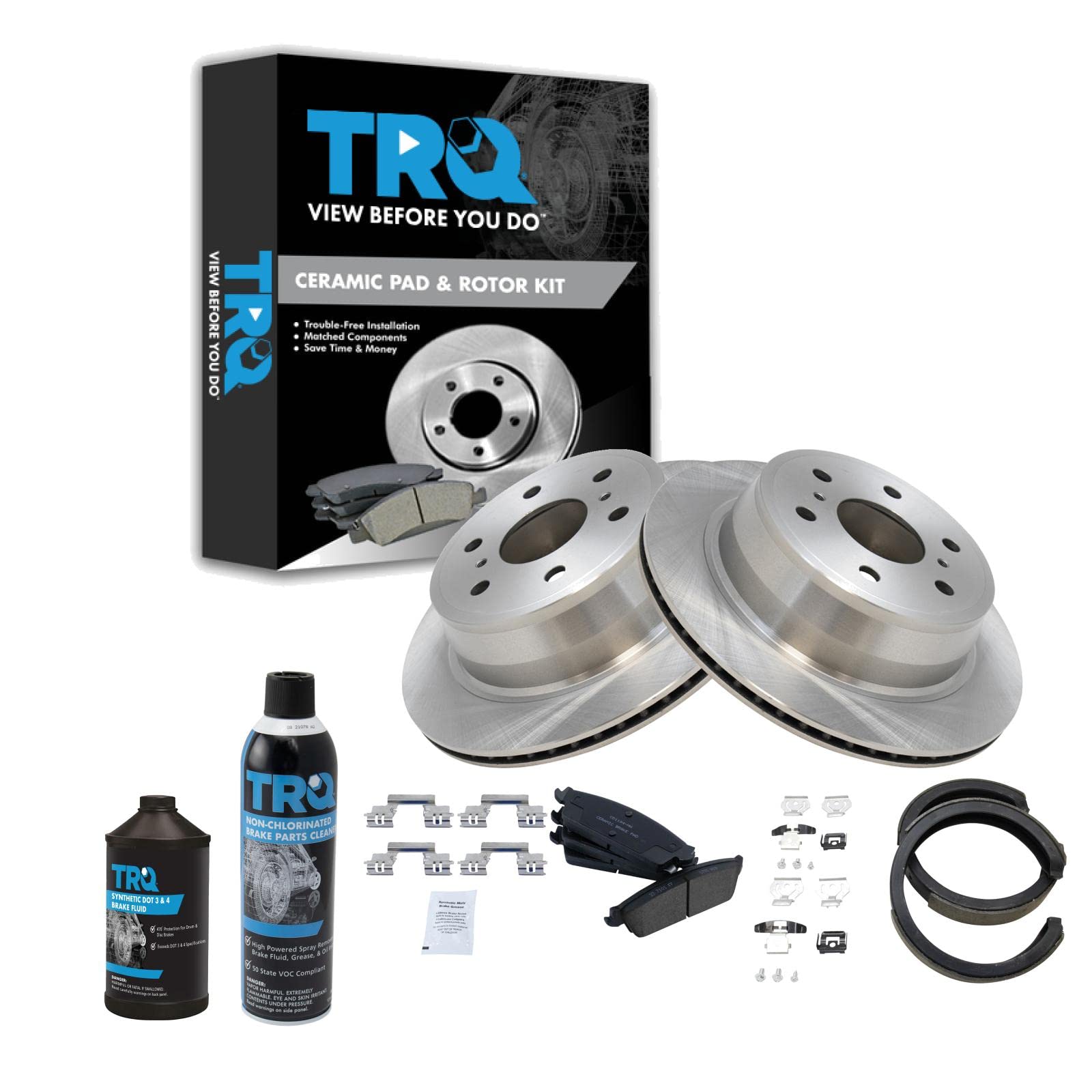 TRQ Rear Brake Pad &amp; Rotor Kit Ceramic Compatible with 07-13 Avalanche 07-10 Escalade Escalade ESV, EXT Sierra 1500 Silverado 1500 07-14 Suburban 1500 Tahoe Yukon Yukon XL 1500