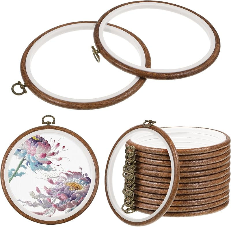 Oqqlin 15 Pcs Round Embroidery Hoops, 6 Inch Imitation Wood Cross Stitch Hoop Ring Round Rubber Embroidery Frame Hoop for Sewing, DIY Craft, Hanging Ornaments