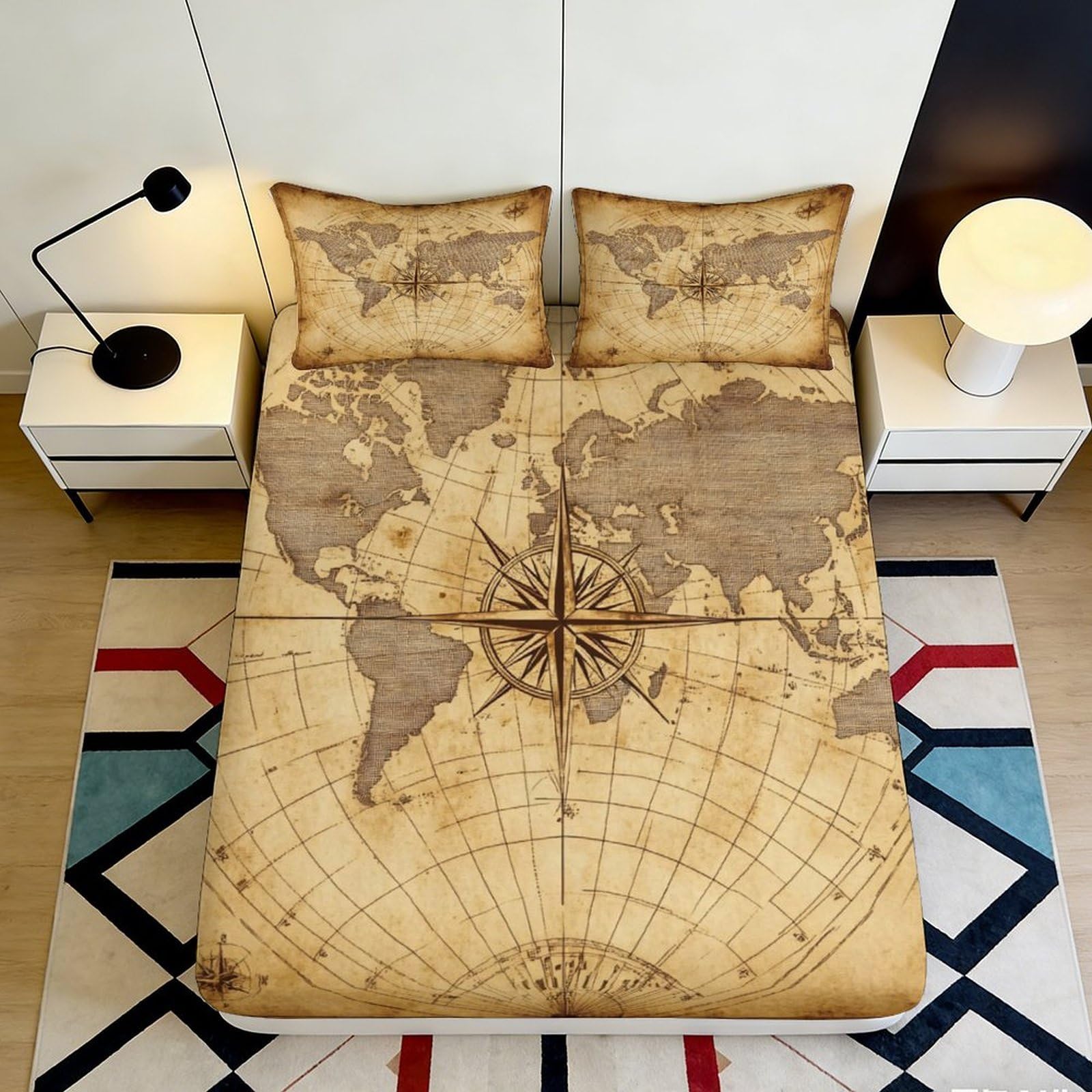 3D Printed Vintage World Map Fitted Sheet Microfiber Soft Breathable Compass Mattress Cover for Bedroom Dorm Mattress Protection Decor 180x200x25cm