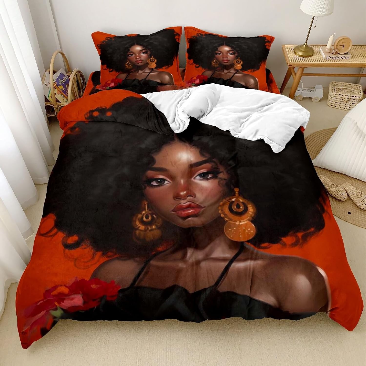 Black Girl Velvet Duvet Cover Set Twin for Girls, Black Girl Magic Velvet Duvet Cover Set for Black Women, Black Tangerine White Bedding Set, African American Girl Bed Bedroom Set