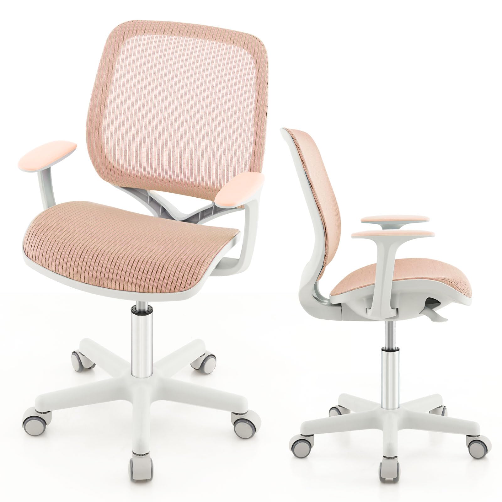 COSTWAY Silla de Escritorio para Niños, Silla Infantil Giratoria para Computadora con Altura Ajustable, Ruedas con Freno, Reposabrazos Lisos, Silla Ergonómica de Estudio para Niño (Rosado)