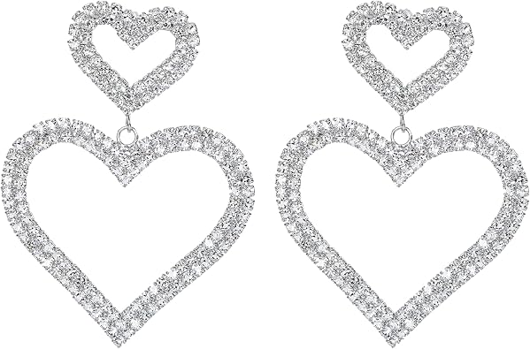 Heart Earrings for Women Trendy - Silver Heart Dangle Earrings with Diamond Like Look - Fashionable Statement Earrings for Womens - Perfect Heart Jewelry as Valentines, Birthday