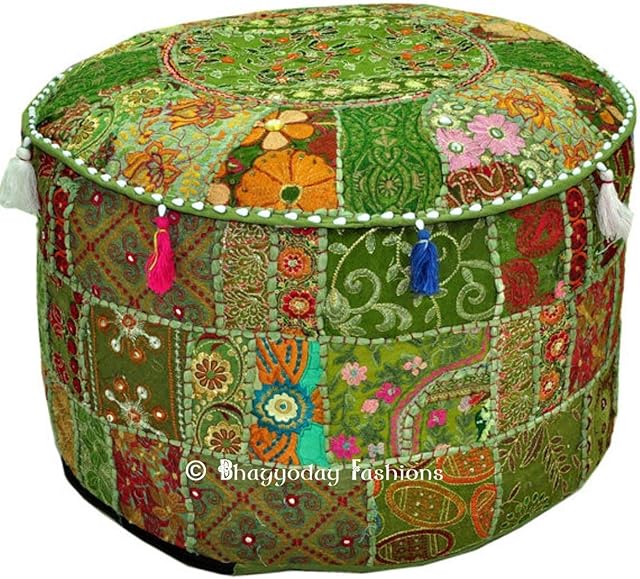 Bohemian Vintage Embroidered Pouf Ottoman Footstool Cover Indian Round Ottoman Stool Pouf Pillow, Ethnic Embroidered Pouf Cover, Indian Cotton Round Pouffe Ottoman Pouf Cover Pillow Ethnic Decor Art, 14x22 Inch. By Bhagyoday