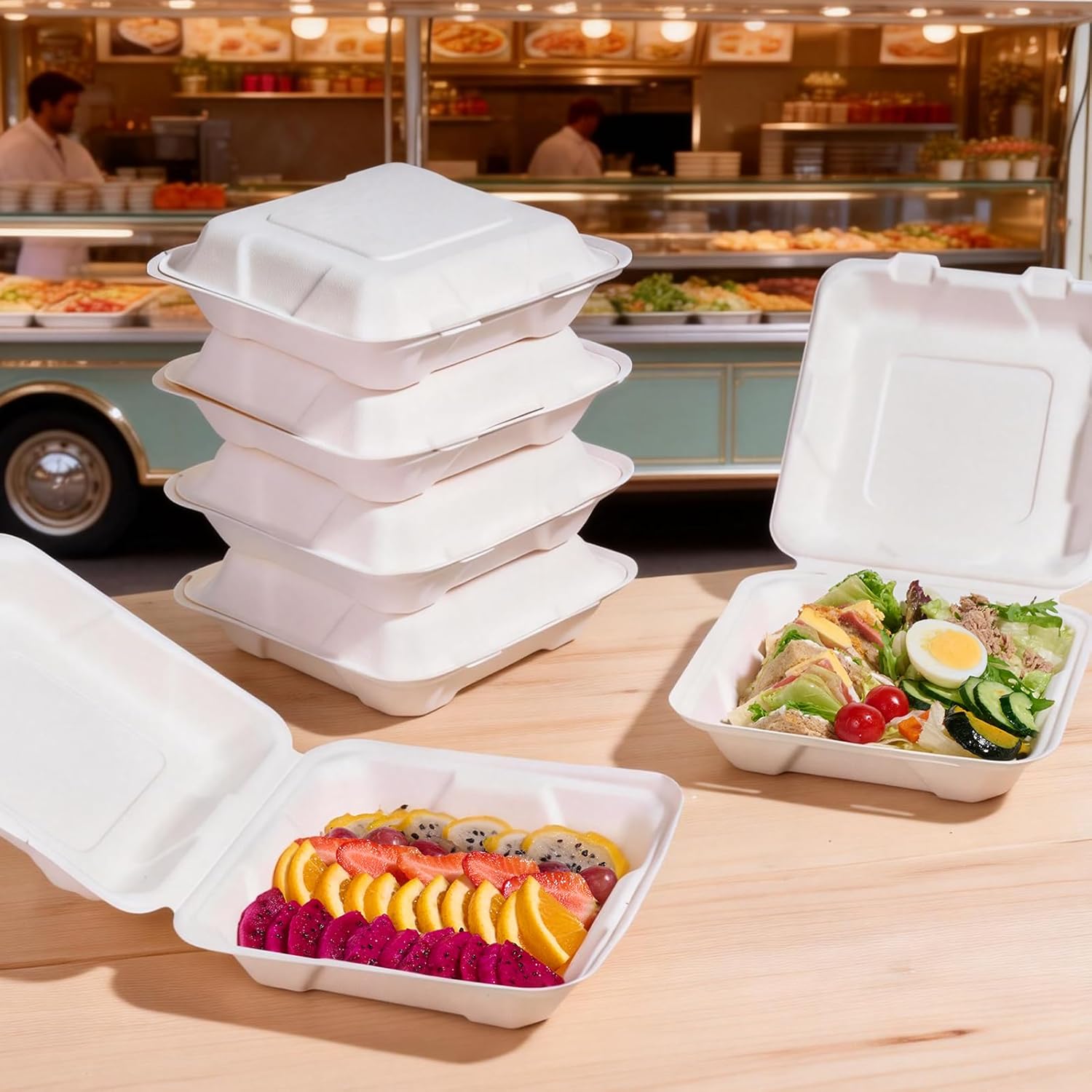 Turbo Bee 100 Pack 8x8inch White Compostable Take Out Containers with Lids, Disposable Clamshell Food Containers, Large To Go Boxes for Restaurant, Catering, Meal Prep & Food Service-White