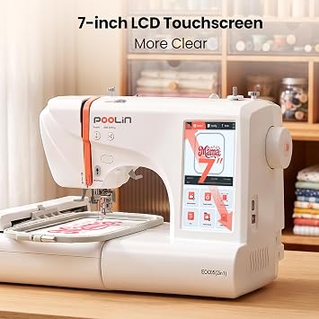 PooLin EOC05(2in1) Sewing and Embroidery Machine 4x4 & 4x9.25 Embroidery Size, 130 Built-in Designs 207 Sewing Stitches, 7 Touch Screen with WiFi Transfer, Includes Full Kits & 1-on-1 Training