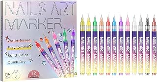 Nail Art Pens Set 12 Colors Nail Art Markers，Dual Tip Markers for Acrylic, Gel & Natural Nails, Fine Liner & Brush Tips with Storage Case & Stencils for Home Salon Designs (1PACK)