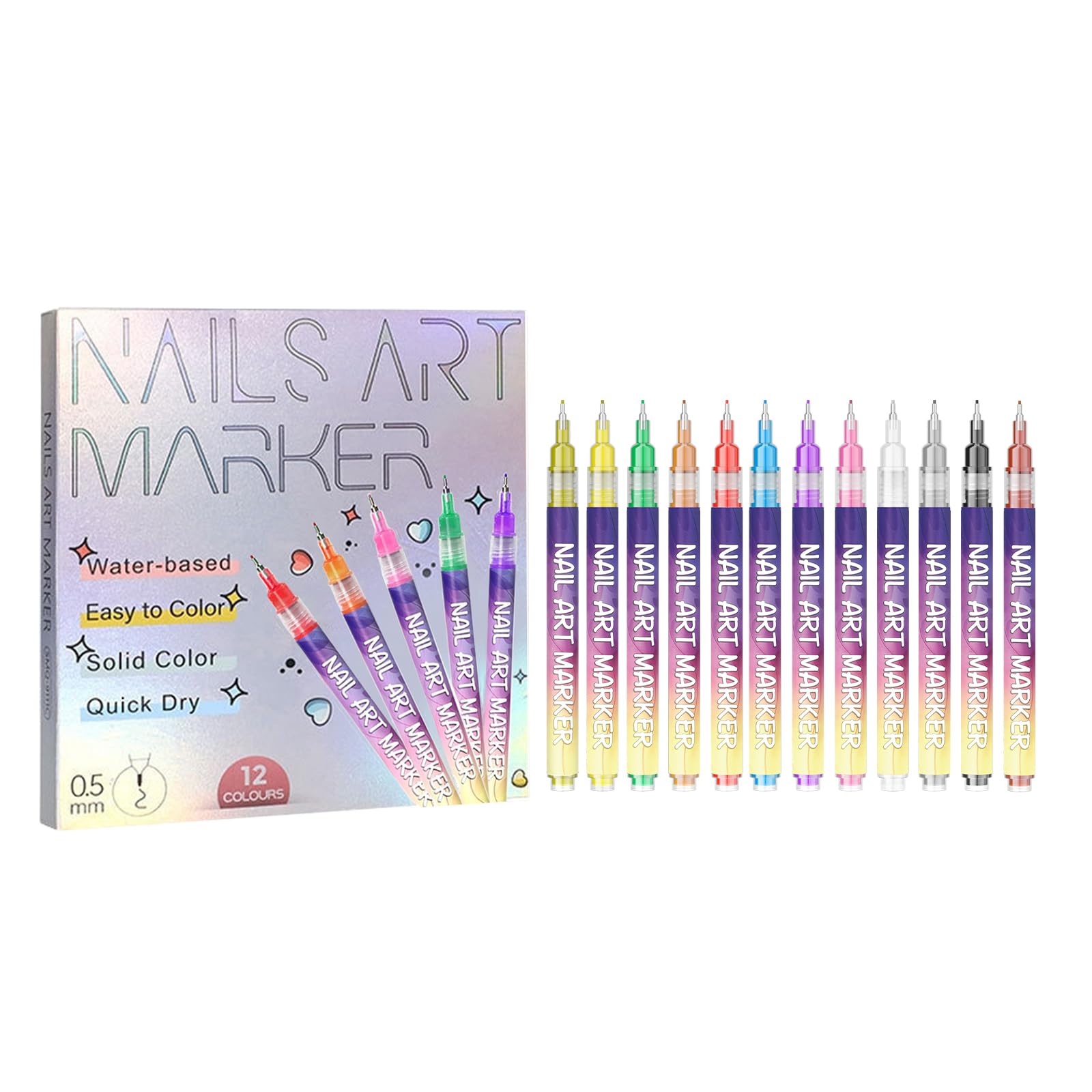 Penne per Nail Art, Pennarelli a Base d'Acqua per Unghie, 12 Colori Vivaci, Punta Fine 0.5mm, Asciugatura Rapida, Set per Decorazioni Manicure Fai da Te
