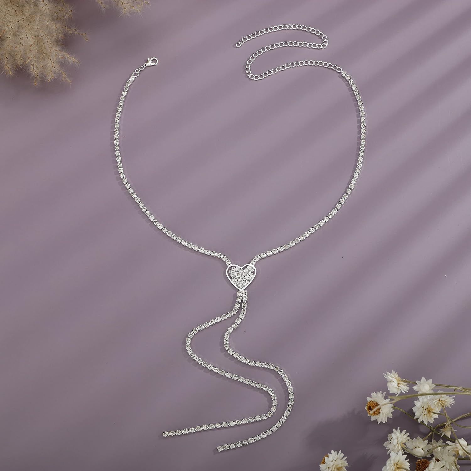 YERTTER Silver Sparkly Full Rhinestone Chain Choker Heart Tassel Necklace Long Love Collar Necklace Statement Choker Necklace for Party Music Bar Women (Silver 2) - Image 3