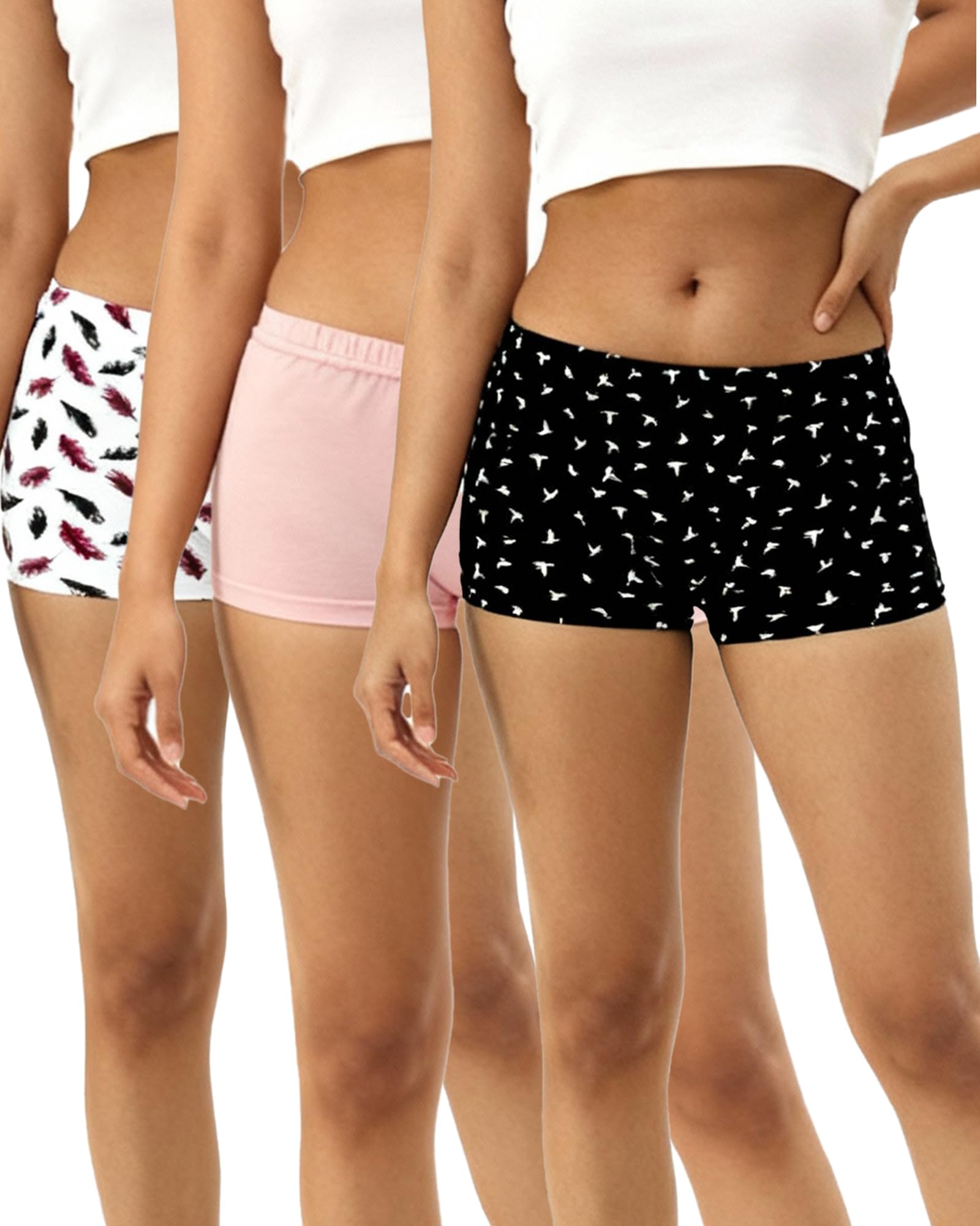 Cotton Printed Boyshort Underwear for Women Soft Mid Rise Double Layer Gusset Outer Elastic Pack of 3