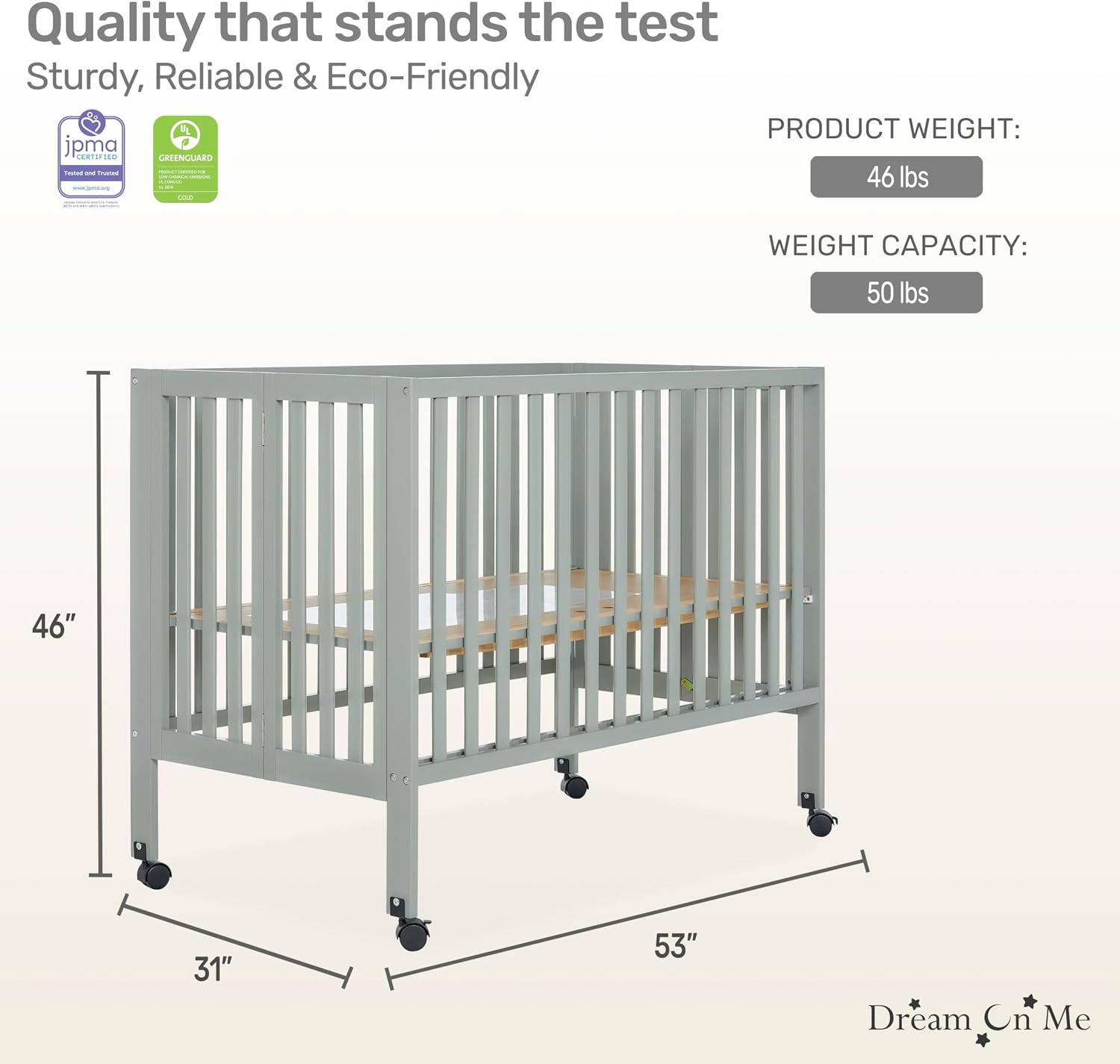 Dream On Me Quinn Full-Size Portable Baby Crib in Cool Grey GreenGuard Gold & JPMA, Patented Quick Fold System, Adjustable Mattress Support, Smooth Wheels, Compact Design, Safe Sleep Assurance
