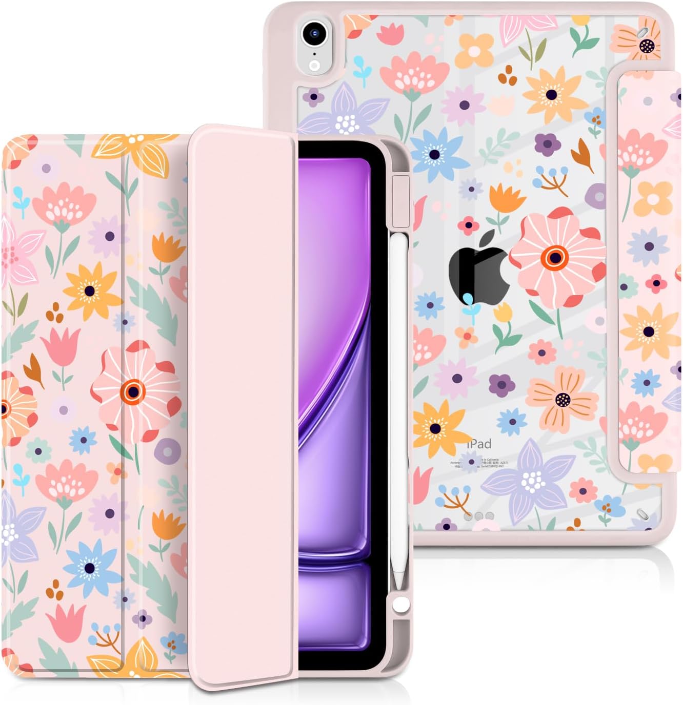 Batianda Designed Case for New iPad (A16) 11 inch 2025 / iPad 10th 10.9-inch 2022 [Built-in Pencil Holder] Shockproof Cover with Clear Back Shell TPU Bumper Auto Sleep/Wake, Hand-Drawn Flowers