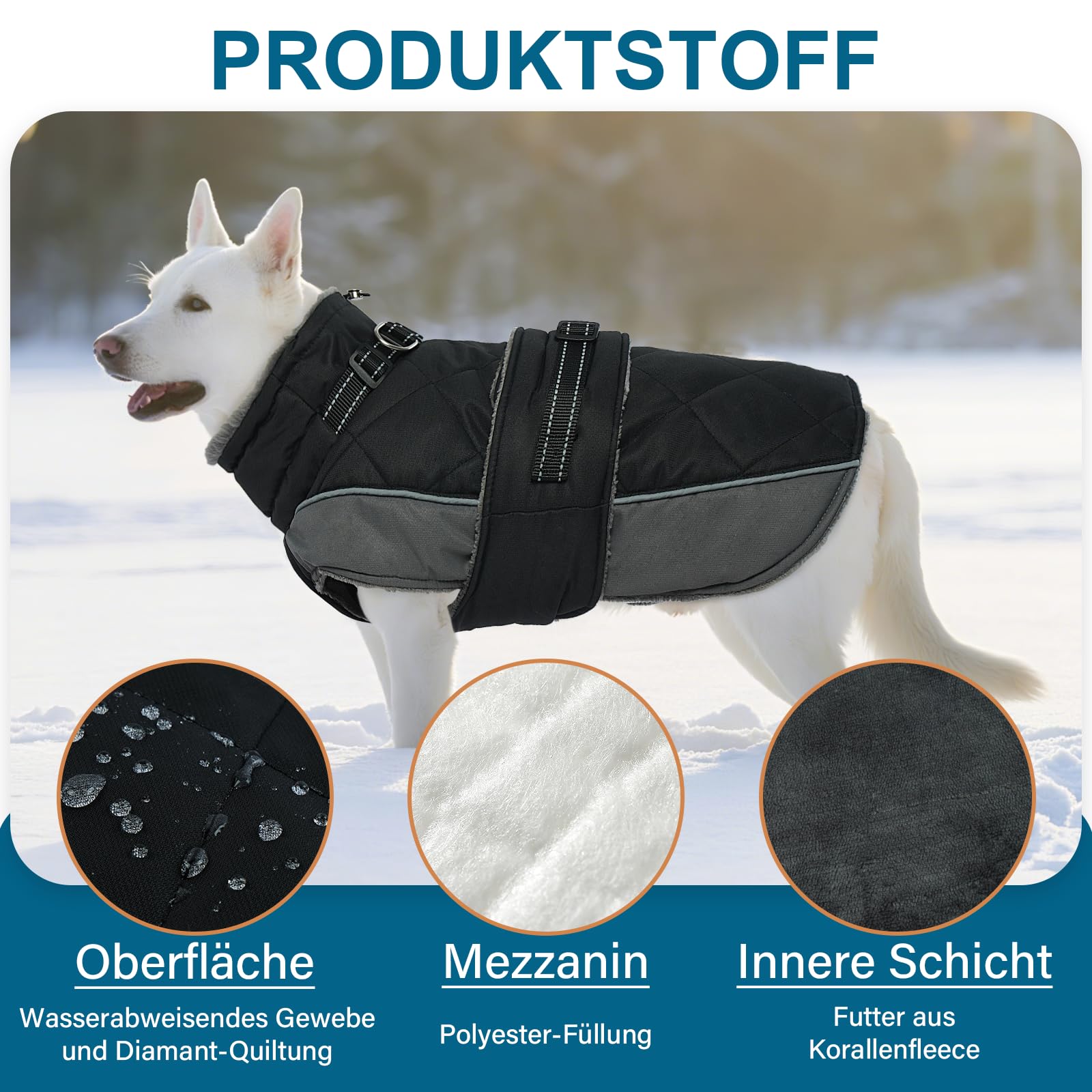 Hundemantel, Hunde Wintermantel mit Reflektierenden Streifen Geschirr Faltbarer Fleece Ausschnitt, Wasserbeständig Hundemantel für Große Hunde, Deutsche Dogge, Schwarz, 3XL