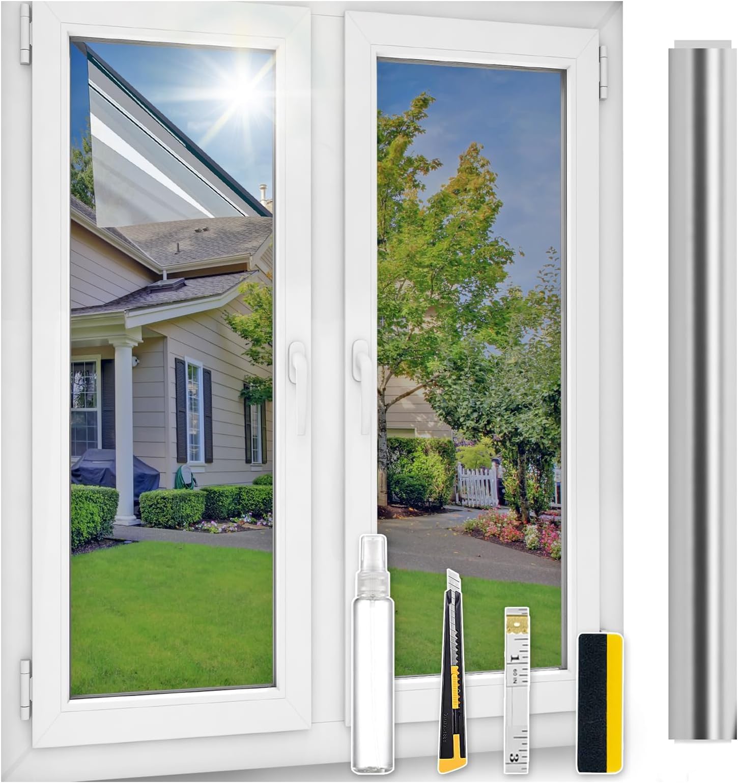 ConCus-T One Way Window Film UV Sun Blocking Heat Control Reflective Window Tint Static Cling Mirror Film Privacy Solar Film With Kits, Silver, 44.5x200cm