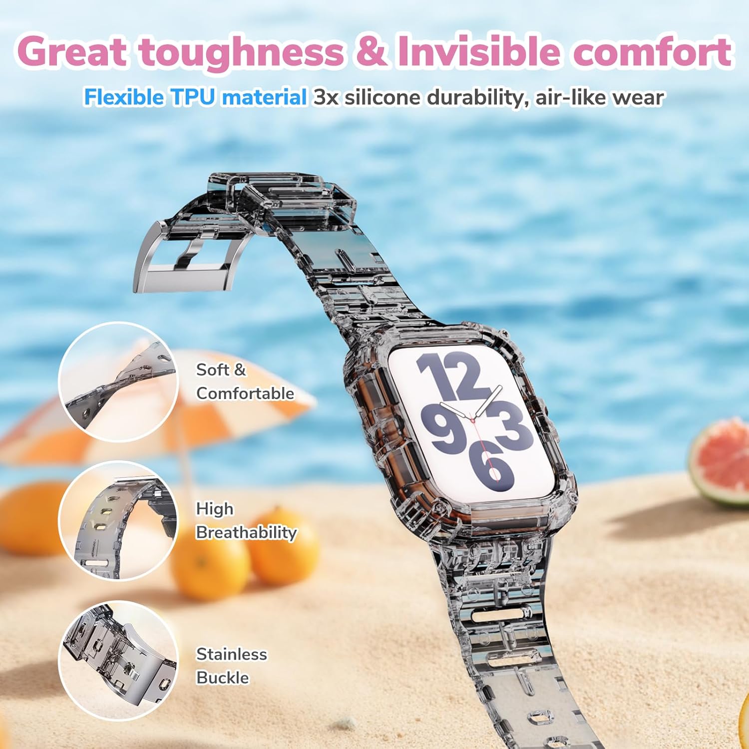 ANCOOL Compatible with Apple Watch Clear Band 41mm 40mm 38mm for Women Men, Crystal Bands with Bumper Case for iWatch Series 9 8 7 SE 6 5 4 3 2 1, Clear Black - Image 3