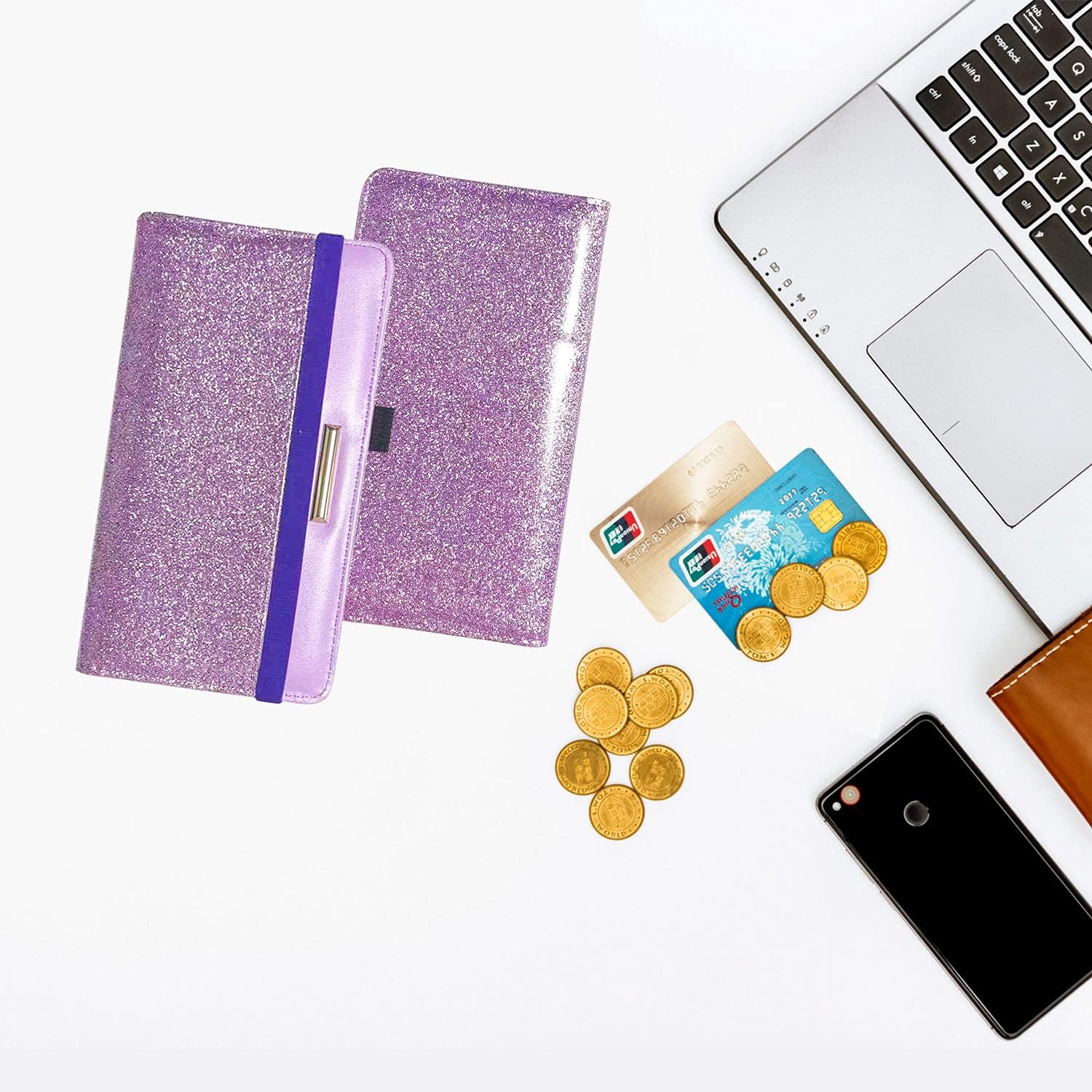 DMLuna Checkbook Cover with RFID Blocking Function, Premium Leather Check book Holder Wallet for Men and Women, Glitter Purple