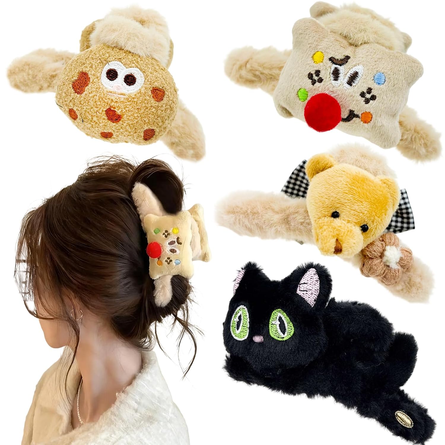 4PCS Cartoon Plush Hair Claw Clips, Cute Animal & Character Design Fuzzy Hair Grips, Soft Fluffy Hair Accessories for Daily Styling & Gifts