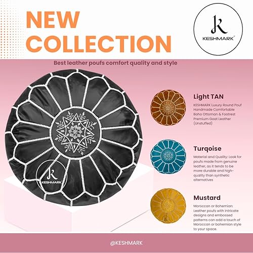 Miniatura 6 de Puf otomano de lujo hecho a mano de cuero marroquí, asiento y reposapiés bohemio chic para decoración de sala de estar, reposapiés, otomano redondo