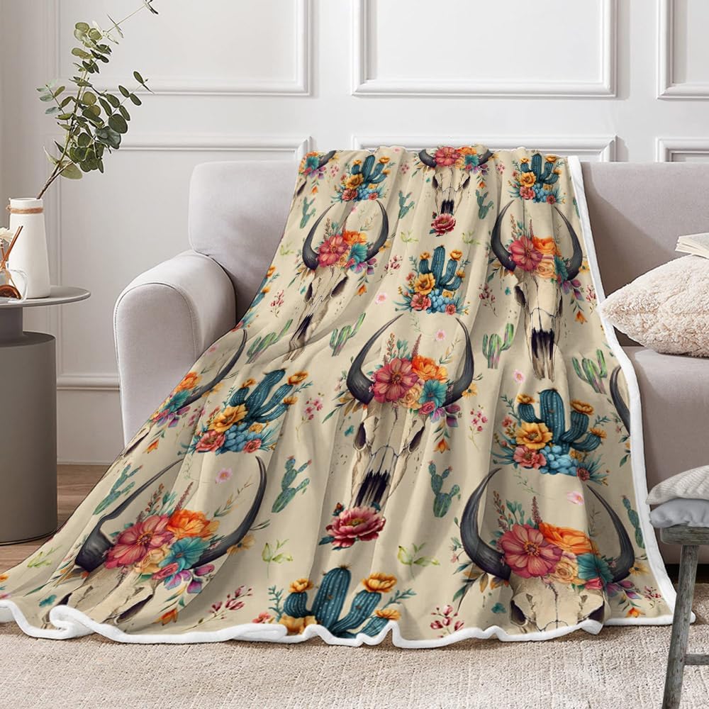 Western Boho Brown Throw Blanket, Bohemian Geometric Southwestern Bull Skull Warm and Cozy Fleece Throw Blanket for Bed, Couch, Native Aztec Tribal Cactus Farmhouse Travel Camping Blanket, 60X90in
