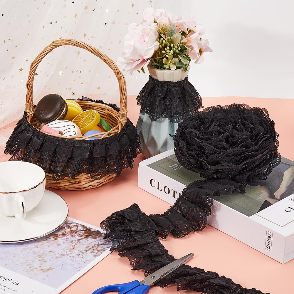 GORGECRAFT 10 Yards 3 Layer Pleated Chiffon Flower Lace Trim 65mm Wide Gathered Mesh Organza Edge Ribbon Fabric Ruffles Edging Trimmings Embroidered for Sewing DIY Crafts Wedding Dress Decor Black