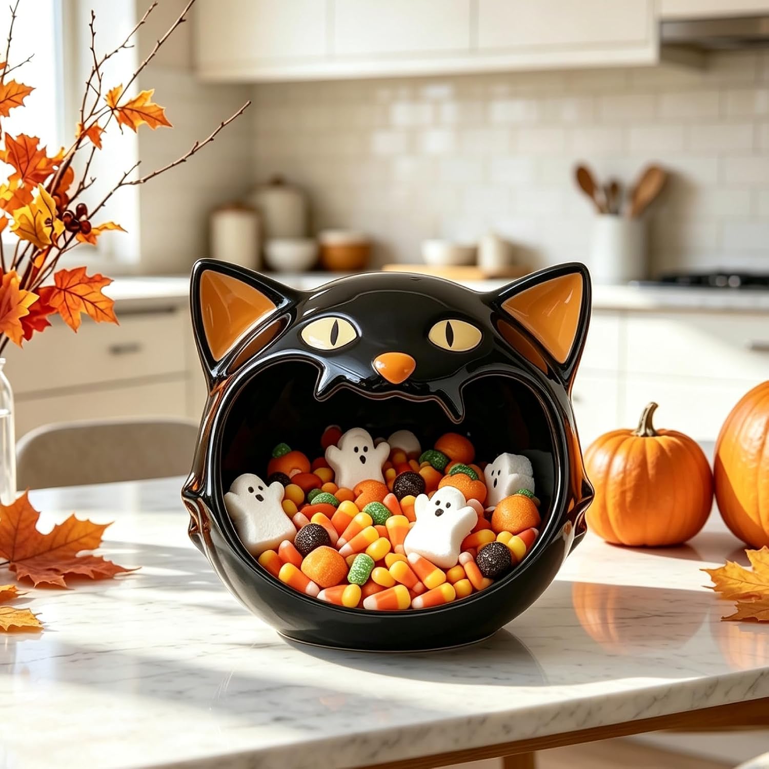 Halloween Candy Bowl - Large Ceramic Cat Candy Dish Holder with Big Mouth