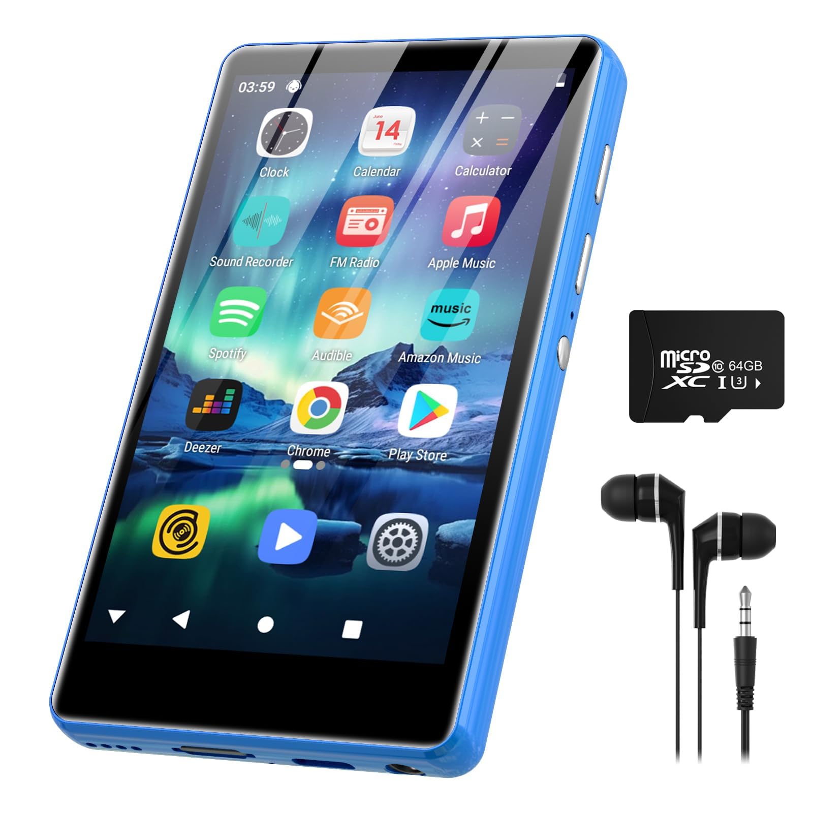 SWOFY 80GB MP3 Player with Bluetooth and WiFi, 4" Full Color Touch Screen MP4 Music Player with Parental Control,Spotify,Audible,YouTube, Android Digital Audio Player for Kids,Up to 1TB,Blue