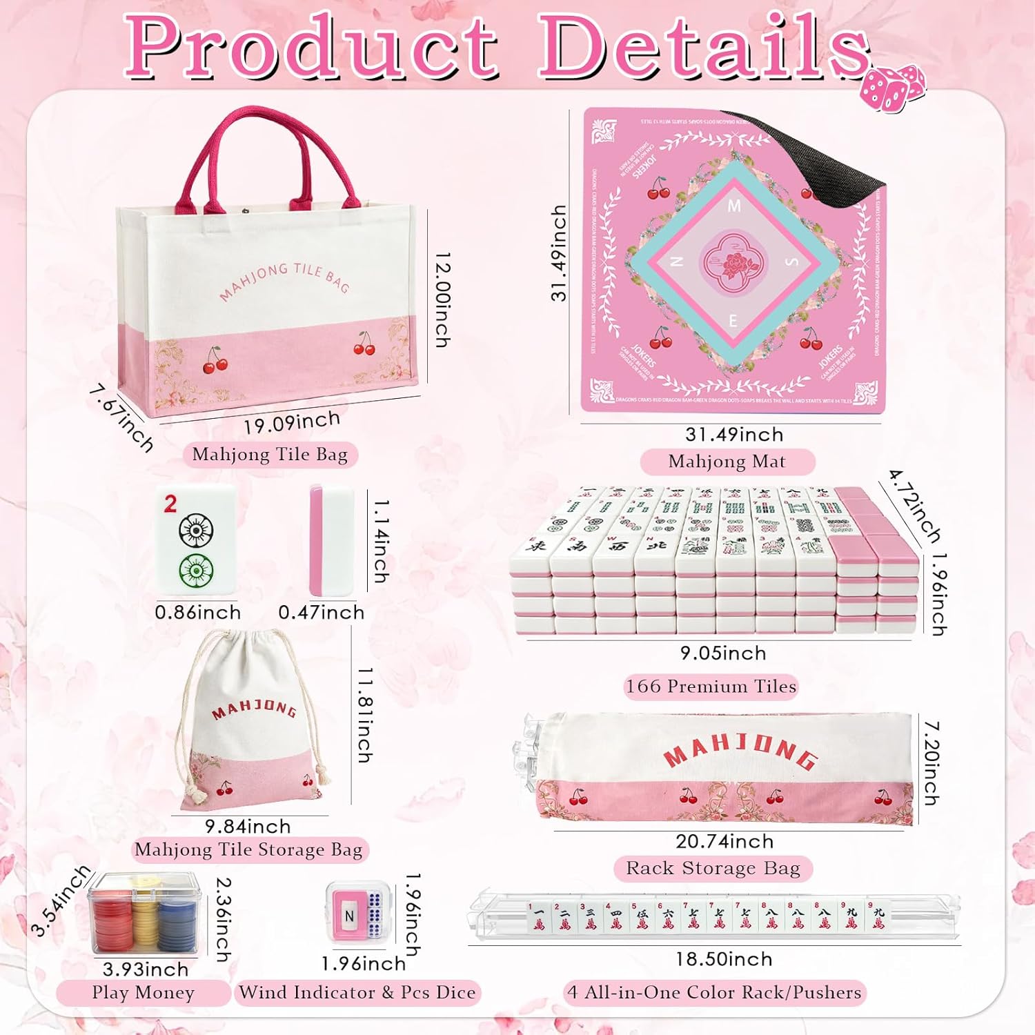 American Mahjong Tiles Set with Noise Reducing Mahjong Mat, 166 Pink Mahjong Game with Portable Storage Bags, 4 All-in-One Color Rack/Pushers, Scoring, Plastic Coins Dices for Adults & Beginners