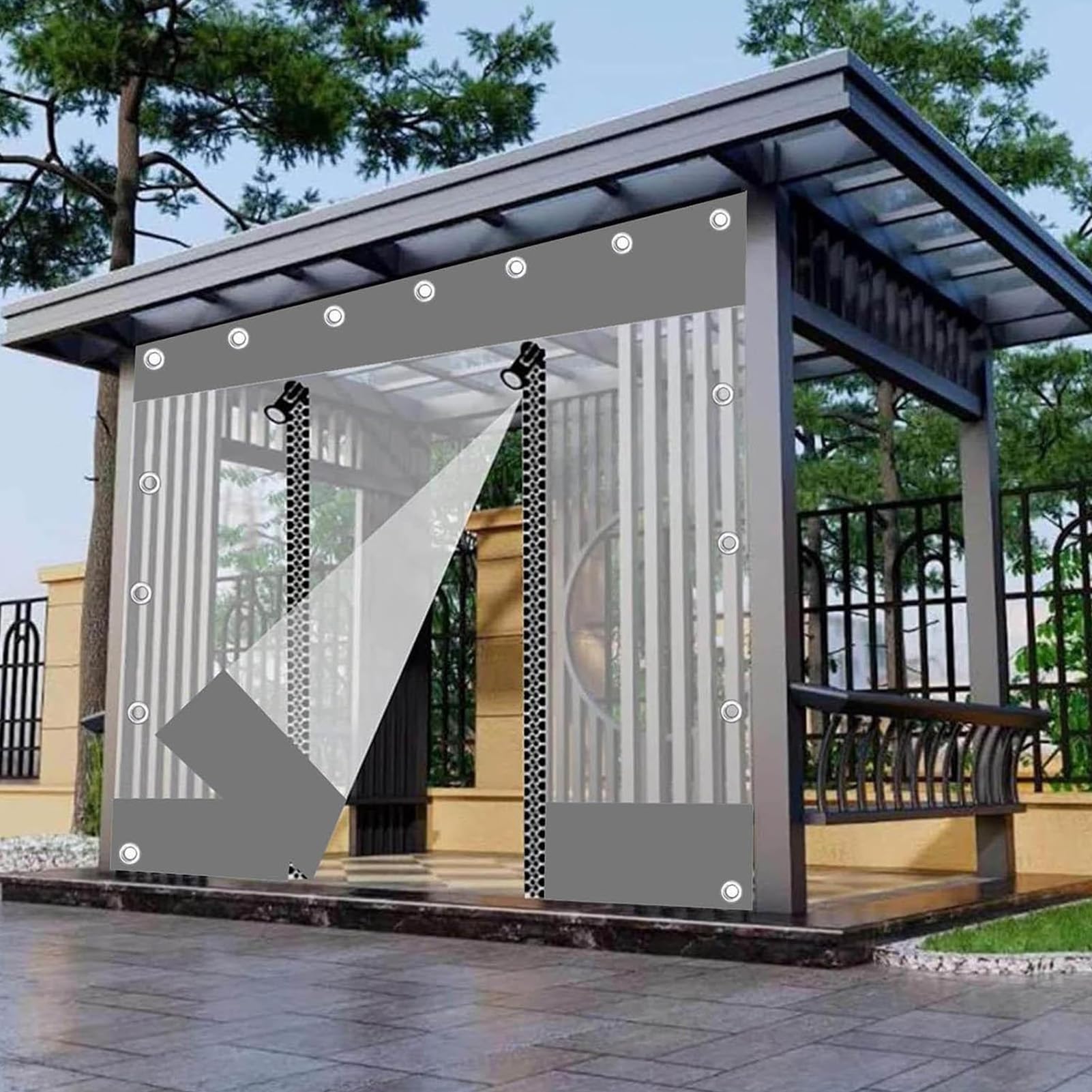 Gazebo Telone trasparente impermeabile pannelli laterali con occhielli, personalizzabili, in PVC trasparente, con cerniera, tende divisorie resistenti alle intemperie
