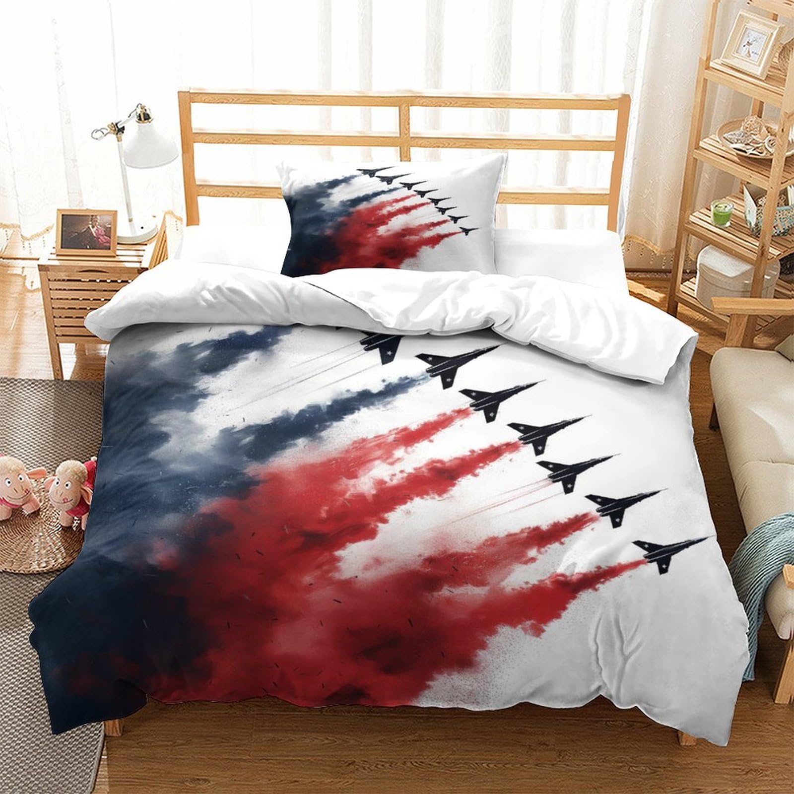 P1s9u7w5y Aircraft-1-1 Dynamic Flight 3D Printing Jet Formation Duvet Cover Set 3Pcs Microfiber Aviation Bedding Set Single（135X200cm）