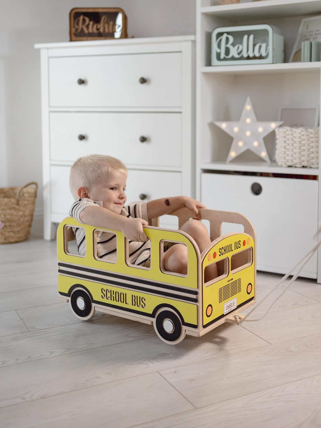 Personalized Kids Toy Storage Organizer - School Bus Wooden Toy Box for Boys with Wheels Baby Furniture - Playroom Decor Nursery Storage for Kids Room - Birthday Christmas Gifts for Kids Girls Boys