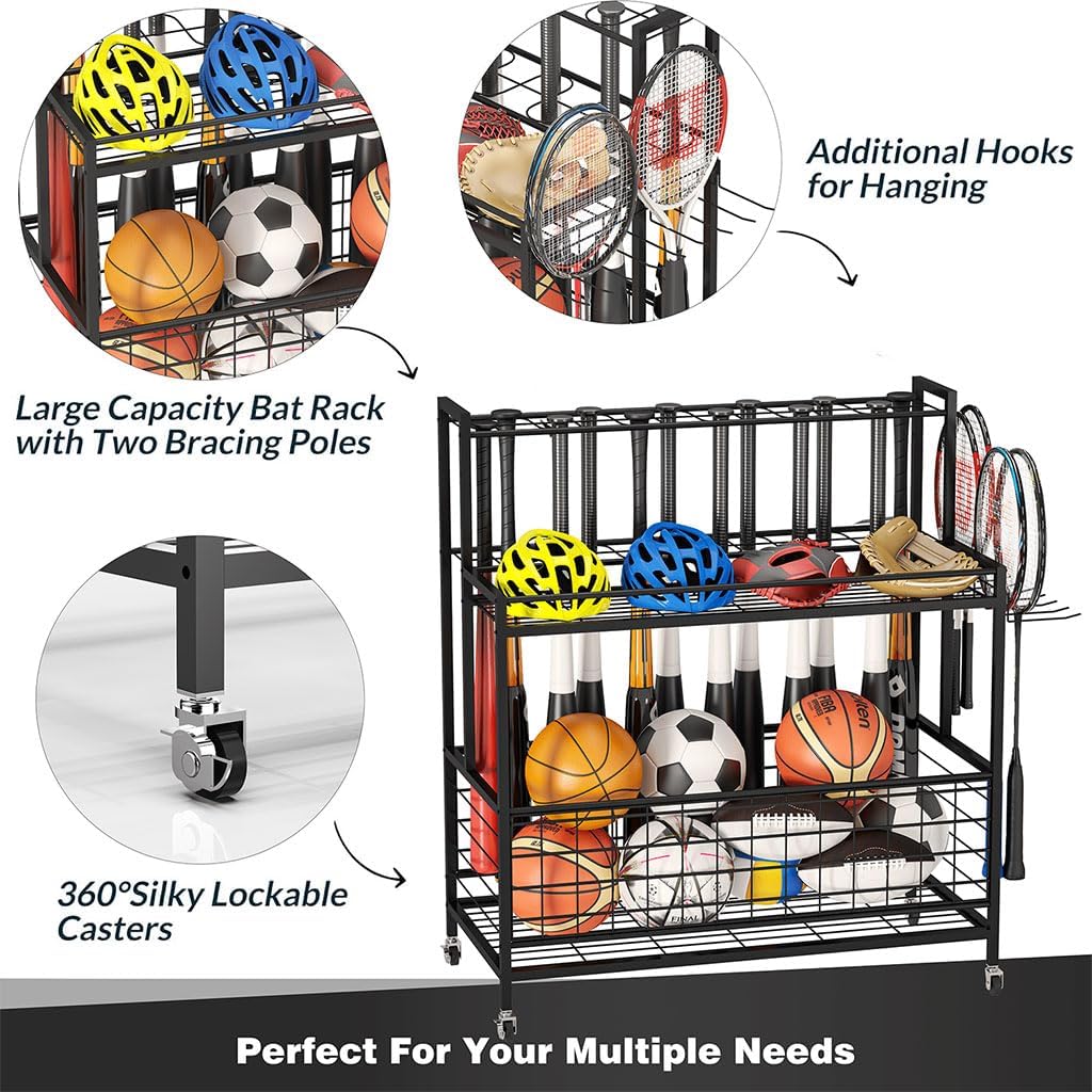 Sports Equipment Garage Organizer, Garage Ball Storage with Wheels and Hooks Toy Storage Easy to Assemble Baseball Bat Holder for Volleyball, Football and Basketball Accessories, Powder Coated
