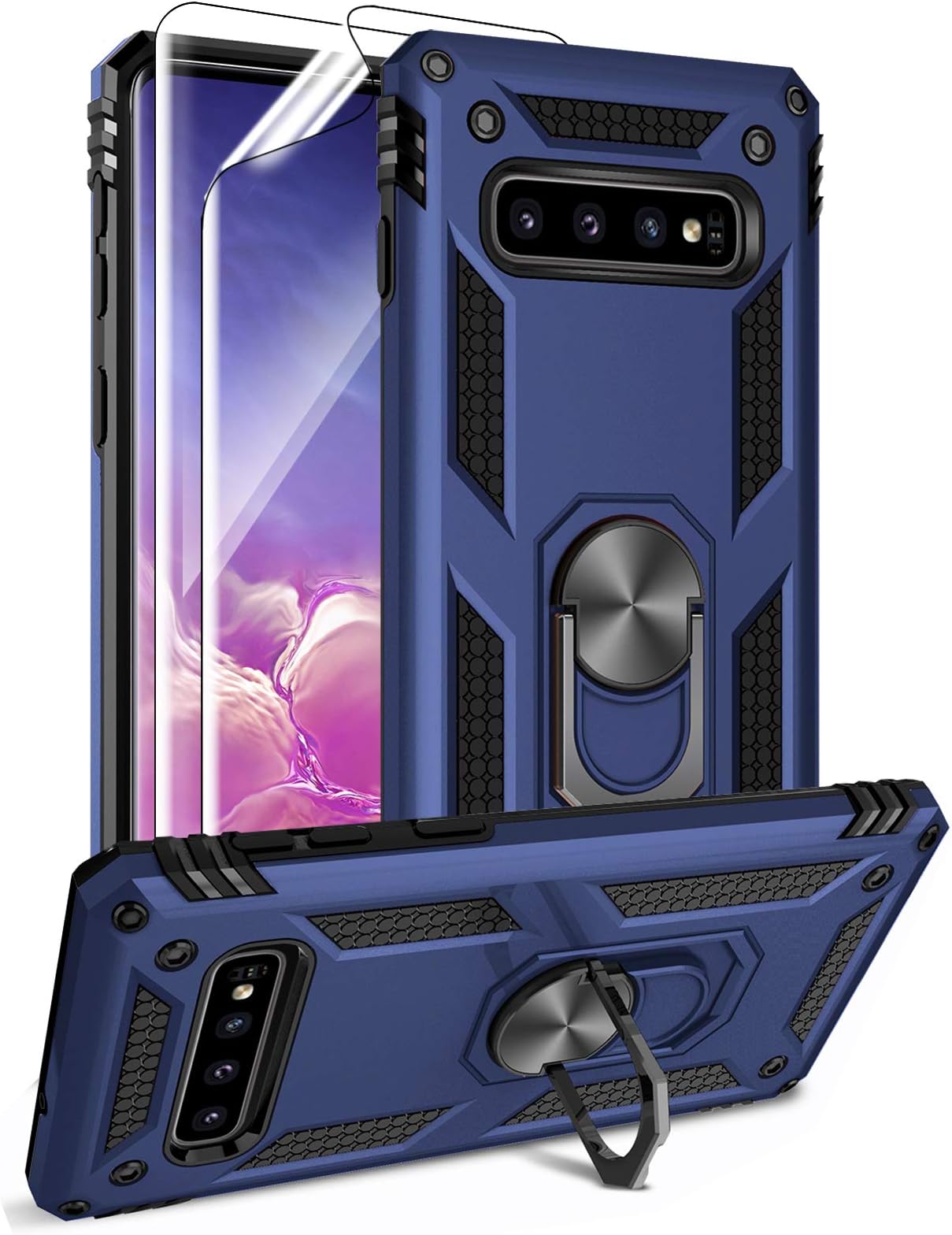 Androgate for Samsung Galaxy S10 Case with HD Screen Protectors, Military-Grade Metal Ring Holder Kickstand 15ft Drop Tested Shockproof Cover Case for Samsung Galaxy S10 (2019) Blue
