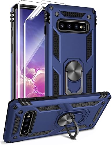 Androgate Funda para Samsung Galaxy S10 Plus con protectores de pantalla HD, soporte de anillo de metal de grado militar con soporte de anillo de