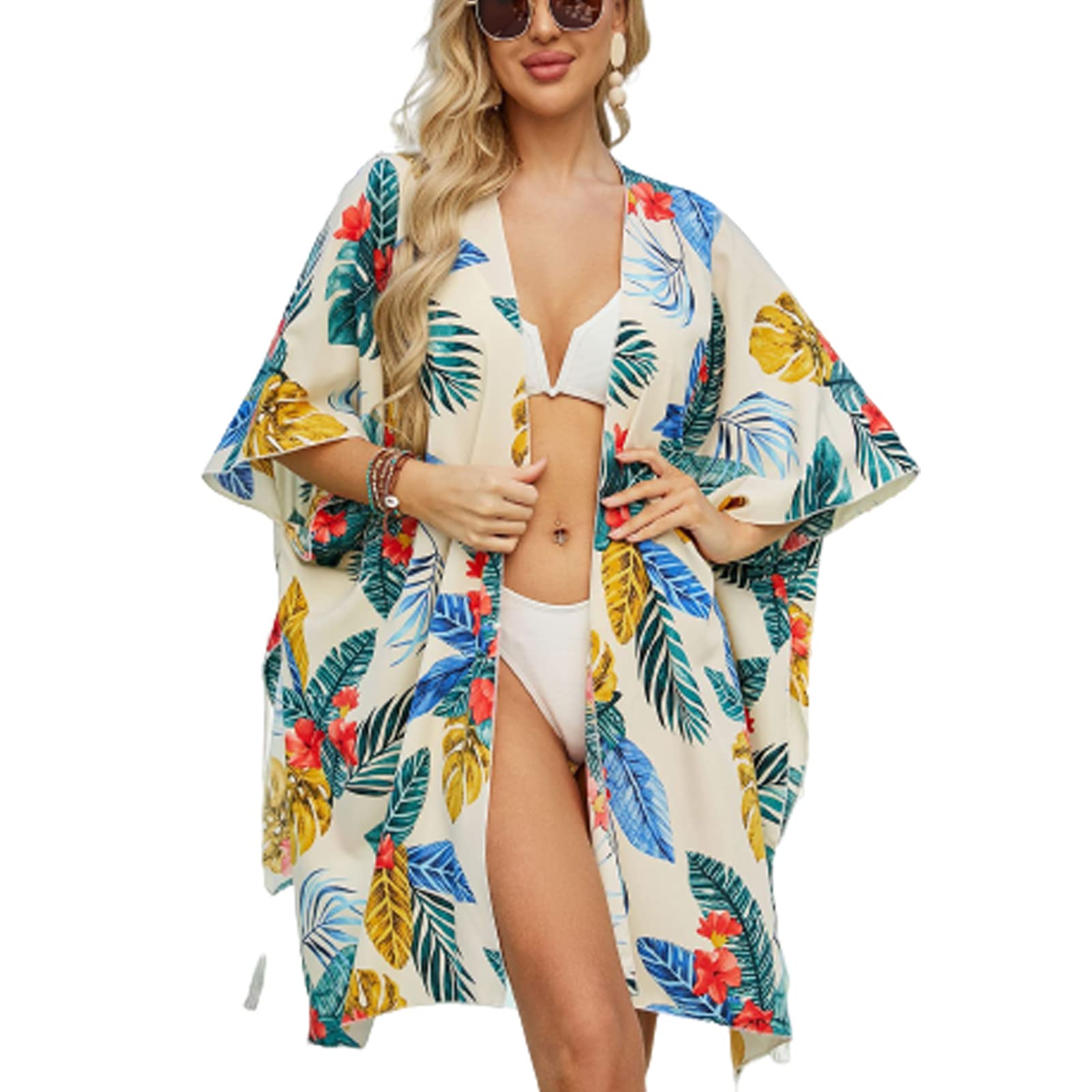 Femmes Casual Kimono Cardigan Été Floral Lâche Plage Long Gilet Shawl De Vacances Protection Solaire Extérieur D'été Enveloppe Smock Outwear 01-85 * 110cm