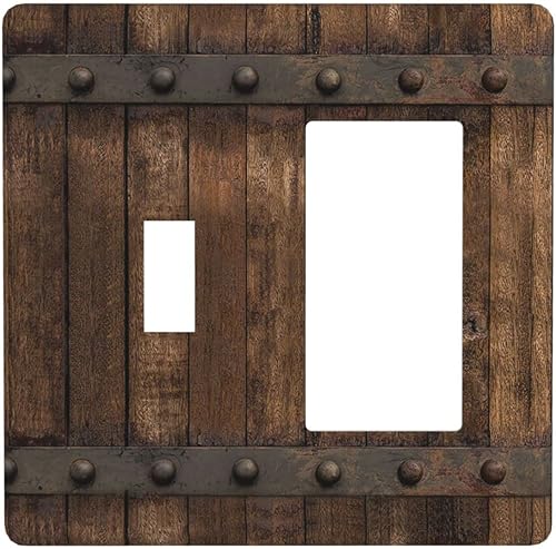 Cubierta de interruptor de luz con impresión de madera rústica de granja, puerta de granero de 2 cuadrillas, color marrón, placa decorativa de pared