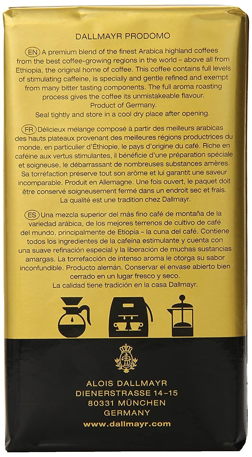 Gourmet Coffee byDallmayr, Prodomo, Finest Premium Ground Coffee, Specially Refined, 100% Arabica, 8.8 Oz Vacuum Packs - Pack of 6