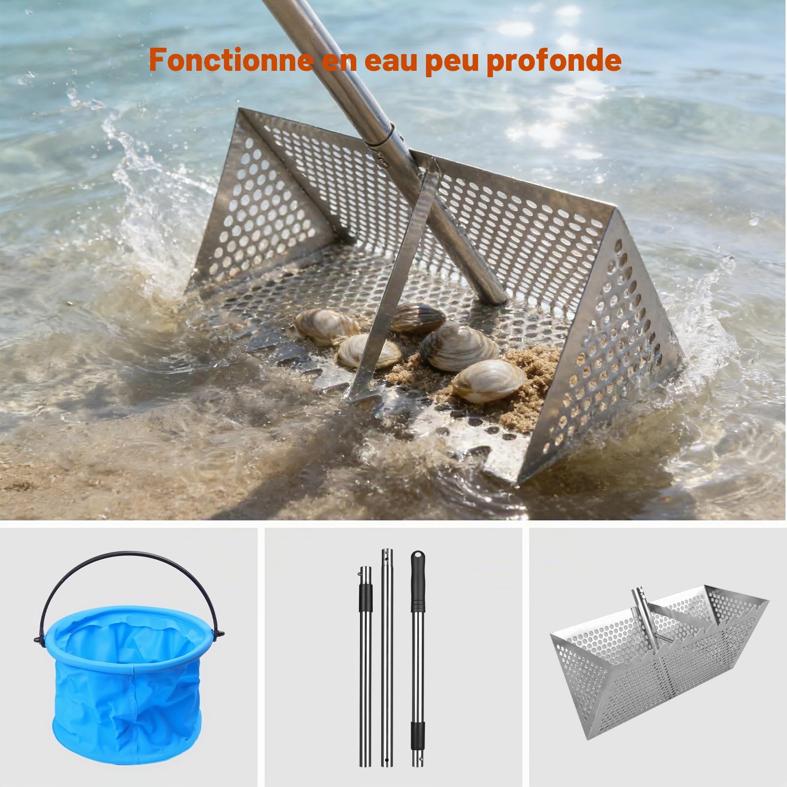 Râteau anti-puces de plage en acier inoxydable 304 et seau – Poignée amovible de 132 cm de long, attrape-crabes de sable, râteau pliable pour dents de requin, collecte des puces et coquillages